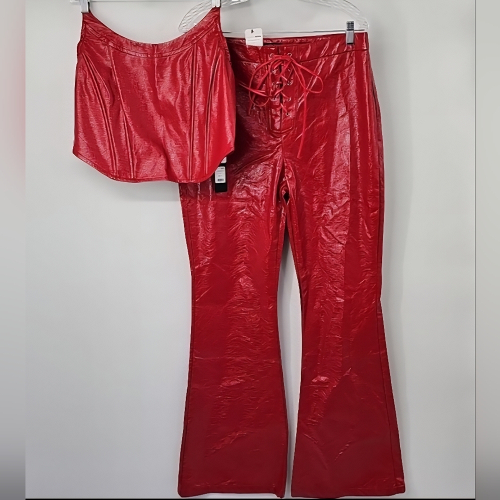 Red Patent Leather‎ Flare Leg Tie Up Pant & Strapless Corset Top Matching Set